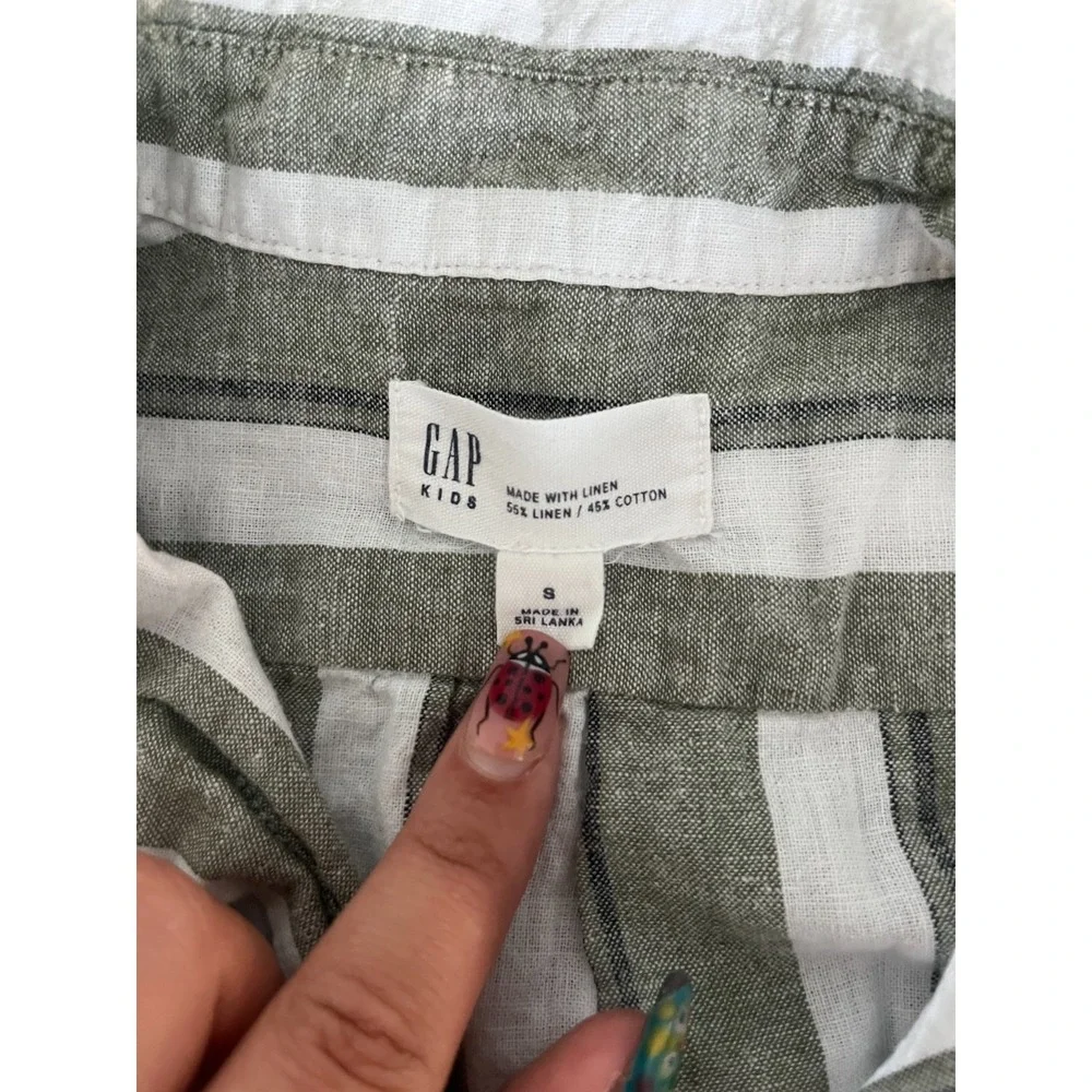 Gap Shirt Kids Small White‎ Green Striped Linen Back Box Relaxed Fit Button Up